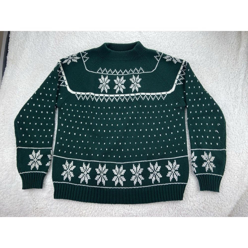 Vtg‎ 70s JC Penney Sweater XL Green/White Snowflake Geo Ski Christmas Gift RARE